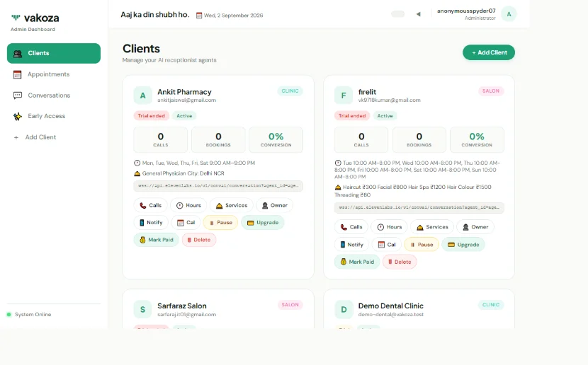 Vakoza admin dashboard, clients list